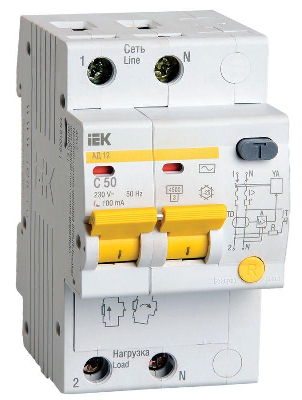Выключатель автоматический дифференциального тока 2п C 50А 100мА тип AC 4.5кА АД-12 IEK MAD10-2-050-C-100 0