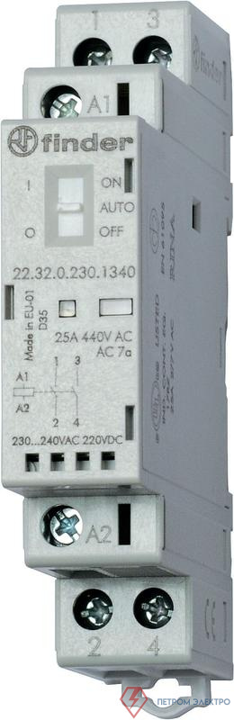 Контактор модульный 1NO + 1NC 25А AgSnO2 230В AC/DC 17.5мм IP20 мех. индикатор + LED FINDER 223202304520