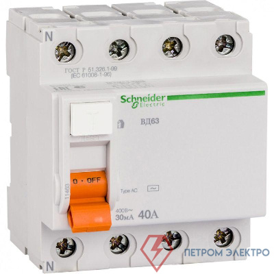 Выключатель дифференциального тока (УЗО) 4п 40А 30мА тип AC ВД63 Домовой SchE 11463