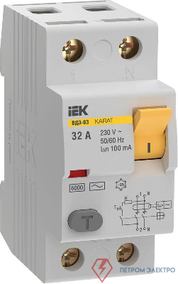 Выключатель дифференциального тока (УЗО) 2п 32А 100мА 6кА тип AC ВД3-63 KARAT IEK MDV20-2-032-100