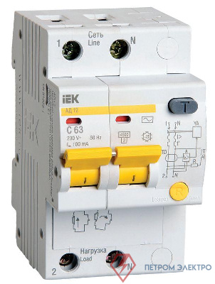 Выключатель автоматический дифференциального тока 2п C 63А 100мА тип AC 4.5кА АД-12 IEK MAD10-2-063-C-100